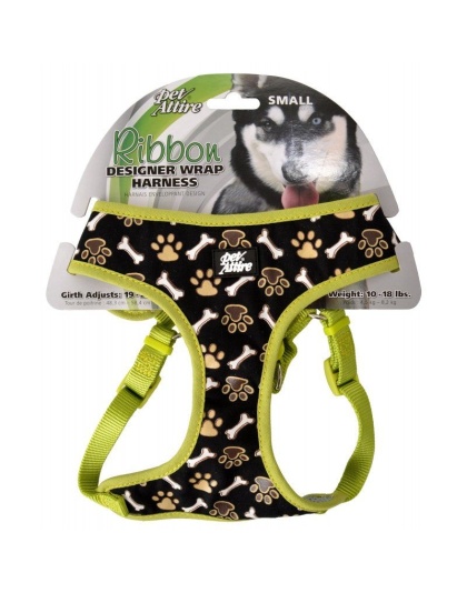 Pet Attire Ribbon Brown Paw & Bones Designer Wrap Adjustable Dog Harness - Fits 19"-23" Girth - (5/8" Straps)