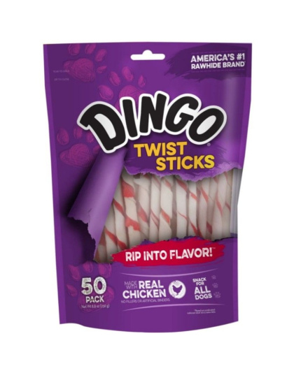 Dingo Twist Sticks Chicken in the Middle Rawhide Chews (No China Sourced Ingredients) - 50 Pack