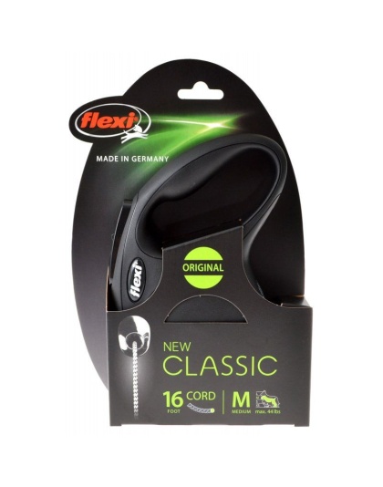 Flexi New Classic Retractable Cord Leash - Black - Medium - 16' Cord (Pets up to 44 lbs)
