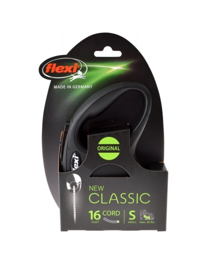 Flexi New Classic Retractable Cord Leash - Black - Small - 16' Cord (Pets up to 26 lbs)
