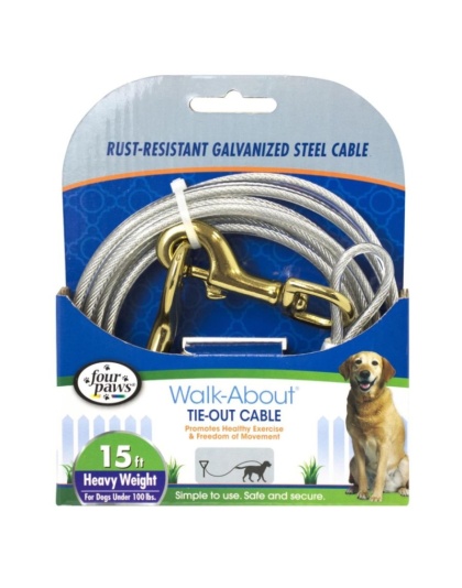 Four Paws Dog Tie Out Cable - Heavy Weight - Black - 15' Long Cable