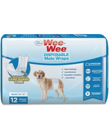Four Paws Wee Wee Disposable Male Dog Wraps - Medium/Large - 12 Pack - (Fits Waists 15"-29.5")