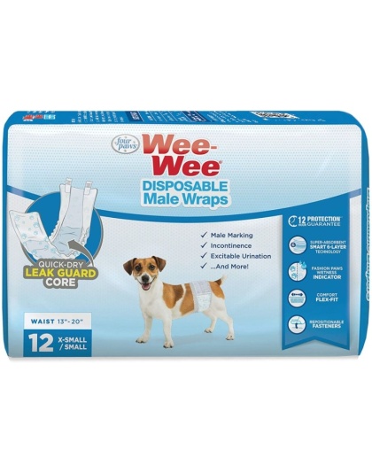 Four Paws Wee Wee Disposable Male Dog Wraps - X-Small/Small - 12 Pack - (Fits Waists up to 15")
