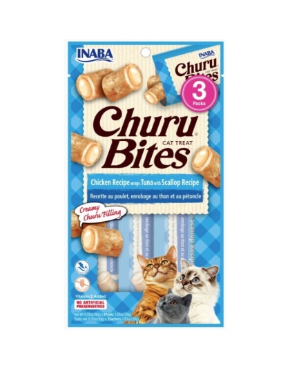 Inaba Churu Bites Cat Treat Chicken Recipe wraps Tuna with Scallop Recipe - 3 count