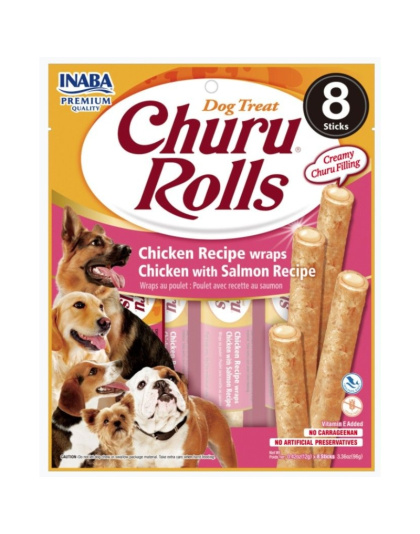 Inaba Churu Rolls Dog Treat Chicken Recipe wraps Chicken with Salmon Recipe - 8 count