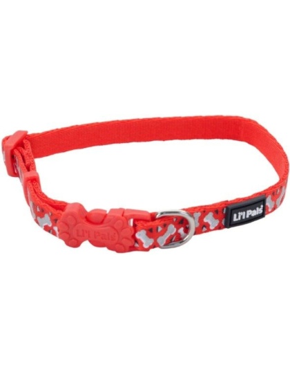Li'L Pals Reflective Collar - Red with Bones - 8-12"L x 3/8"W