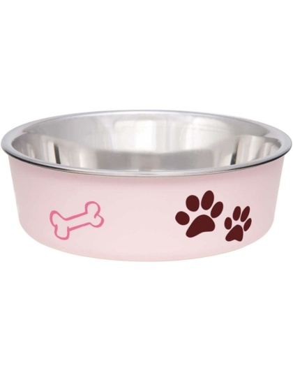 Loving Pets Stainless Steel & Light Pink Dish with Rubber Base - Small - 5.5" Diameter