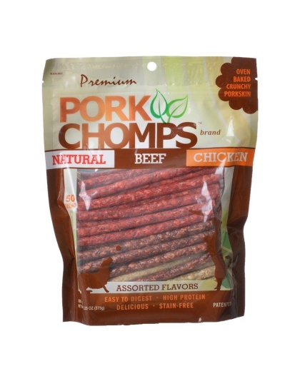 Premium Pork Chomps Assorted Munchy Sticks - 50 Pack - (Natural Beef & Chicken Flavors)