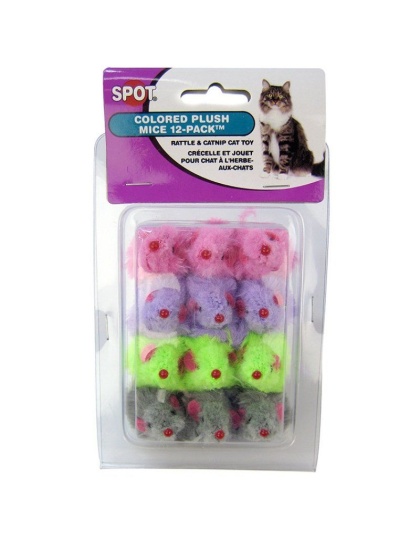 Spot Colored Fur Mice Cat Toys - 12 Pack